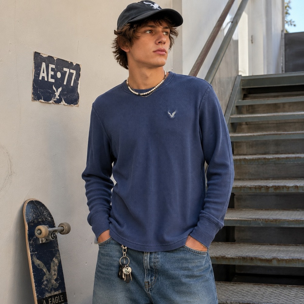 Y2K American Eagle Mens Waffle Knit Thermal Shirt XL Blue Long Sleeve Casual